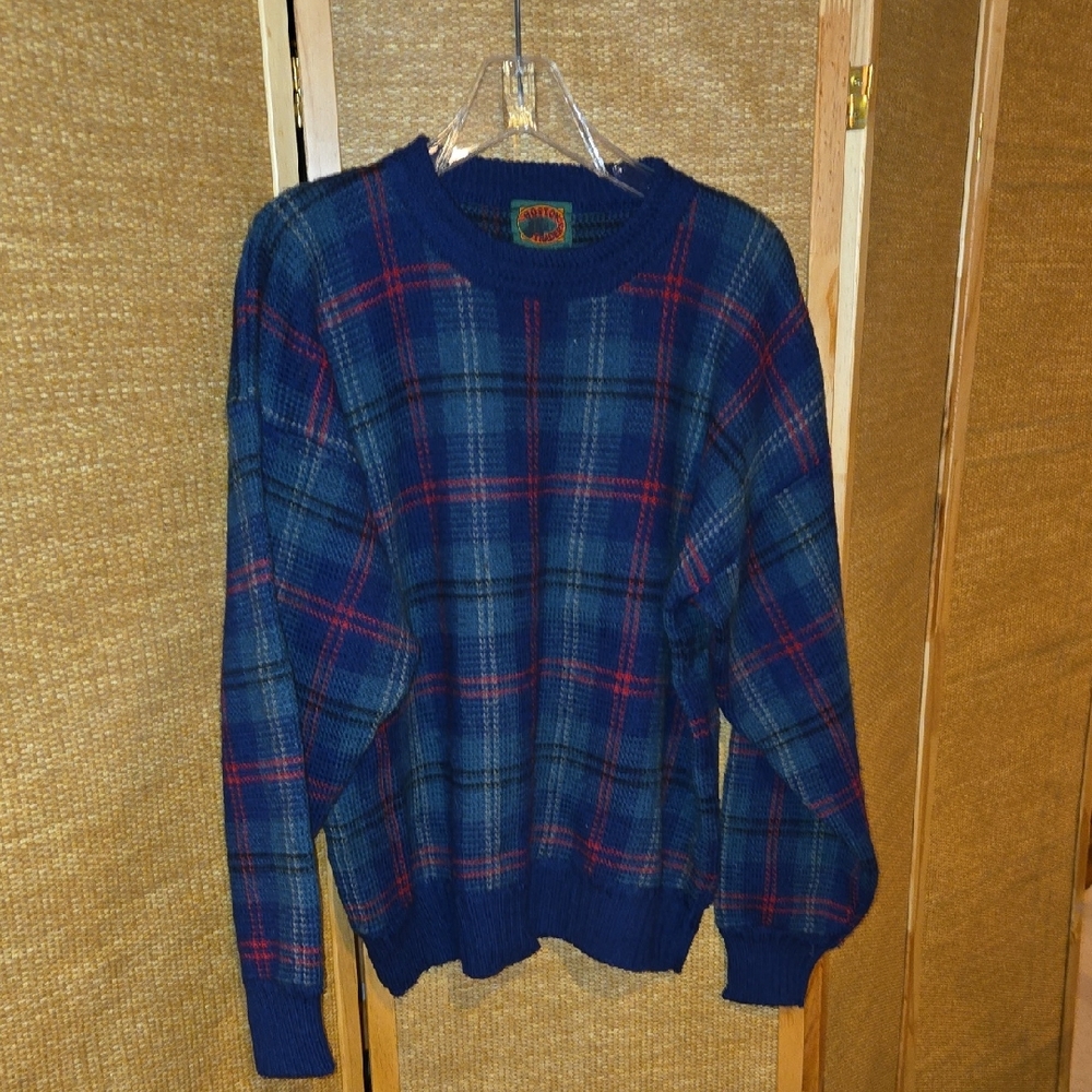 Boston Traders Navy and Burgundy Plaid Crewneck Sweater